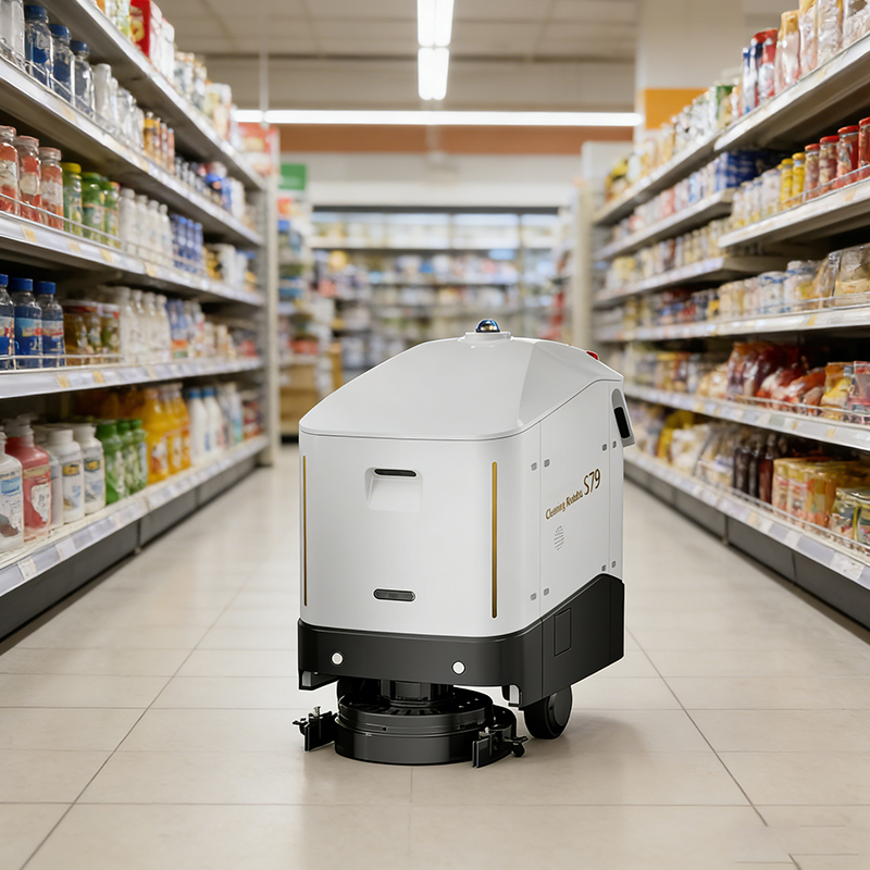 Commercial floor cleaning robot navigating a facility