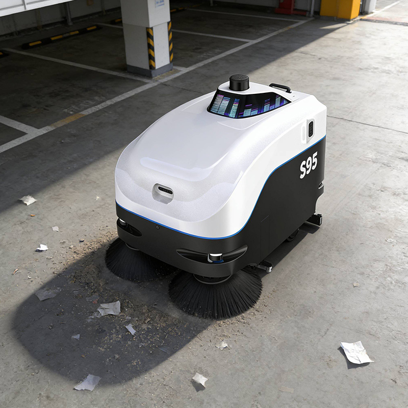 Commercial autonomous cleaning robot navigating a facility floor
